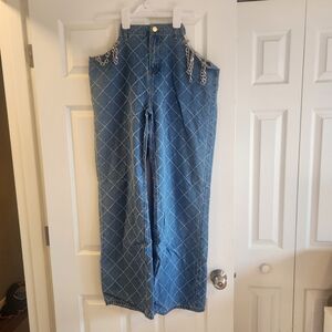 SHEIN Denim Chain-Accent Flare Jeans